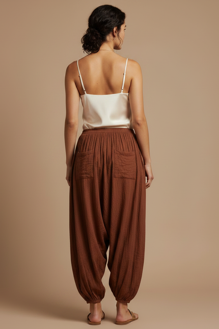 Pantalon Marron Ample Plissé Décontracté Harem Bouffant - Lin - vue 2