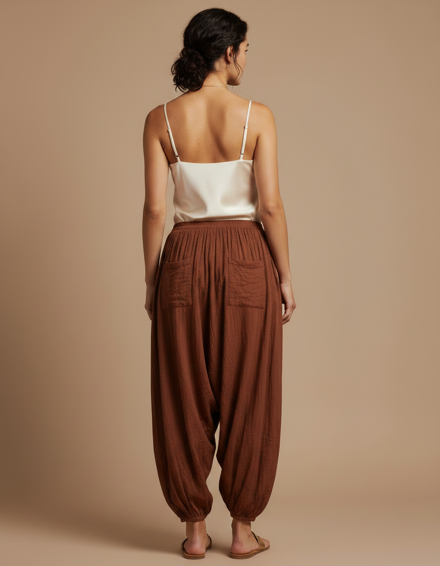 Pantalon Marron Ample Plissé Décontracté Harem Bouffant - Lin - vue 2