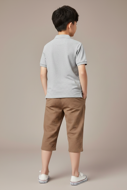Pantalon Marron Garçon Coton Lin Gaufré Cordon - vue 2