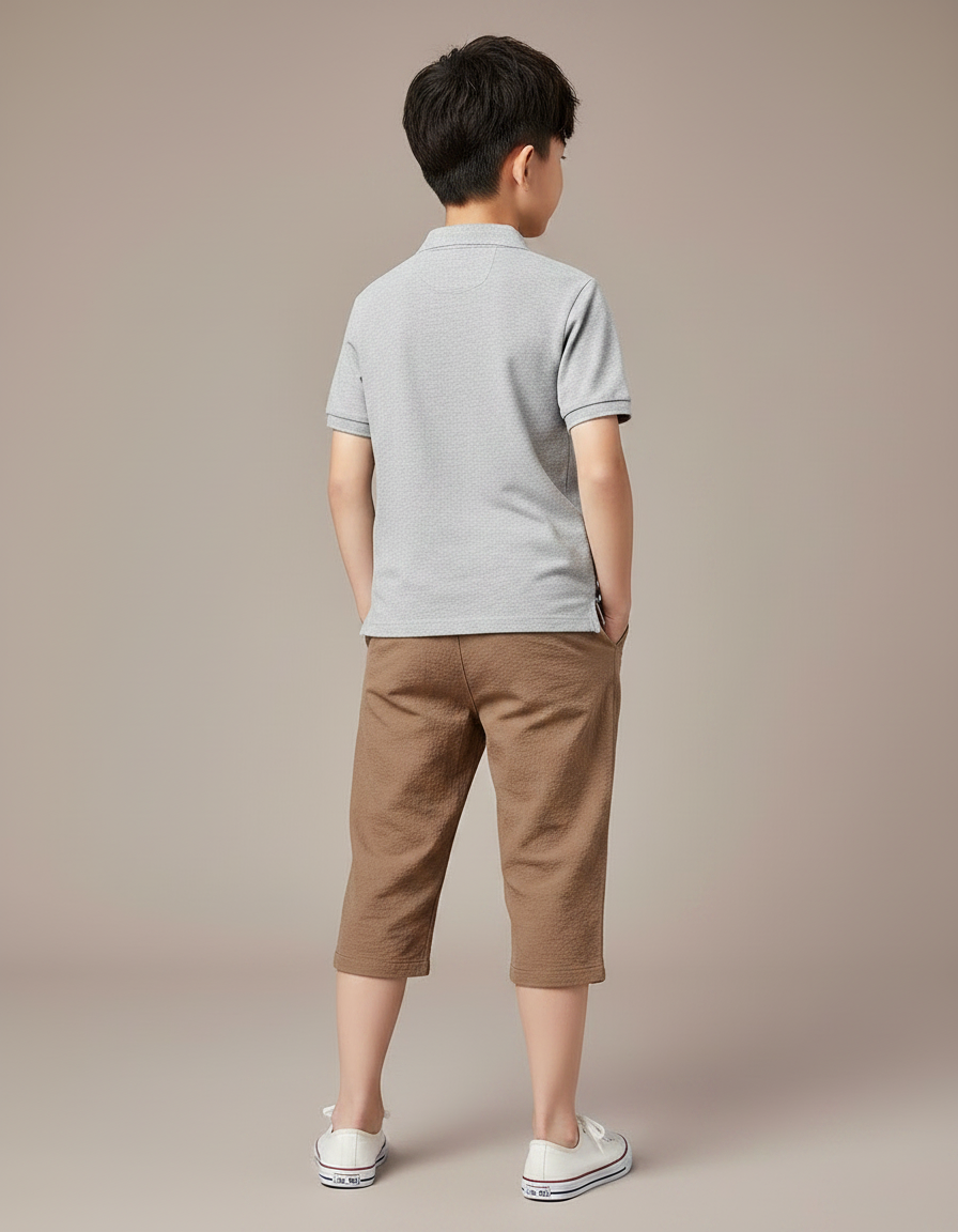Pantalon Marron Garçon Coton Lin Gaufré Cordon - vue 2