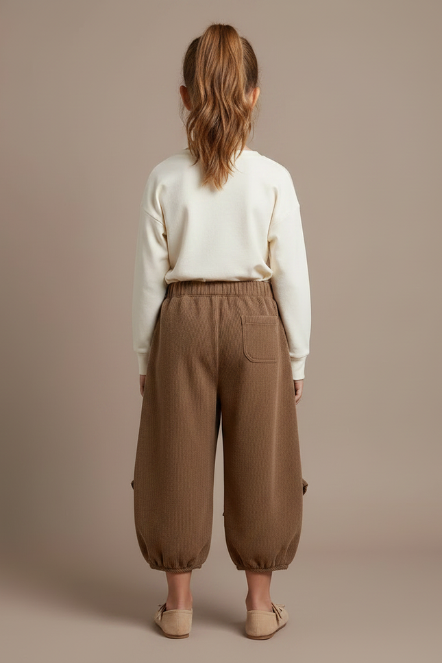 Pantalon Marron Côtelé Volants Fleuris Ample Fille - Cordé - vue 2