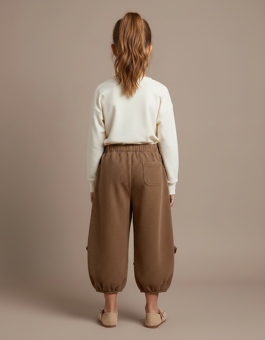 Pantalon Marron Côtelé Volants Fleuris Ample Fille - Cordé - vue 2