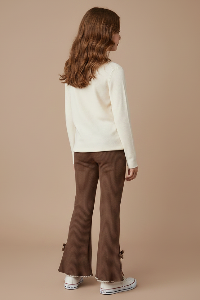 Pantalon Marron Côtelé Évasé Nœuds Décoratifs Enfant - Maille - vue 2