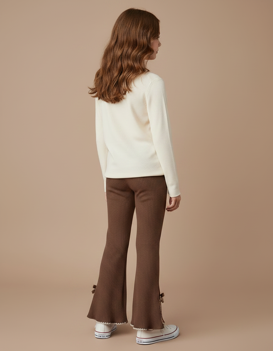 Pantalon Marron Côtelé Évasé Nœuds Décoratifs Enfant - Maille - vue 2