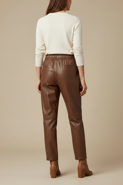 Pantalon Marron Cuir Élastique Ample Élégant Femme - vue 2