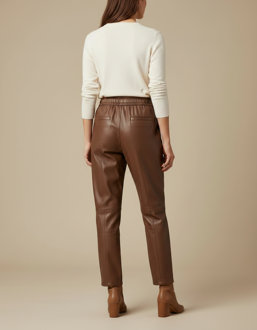 Pantalon Marron Cuir Élastique Ample Élégant Femme - vue 2
