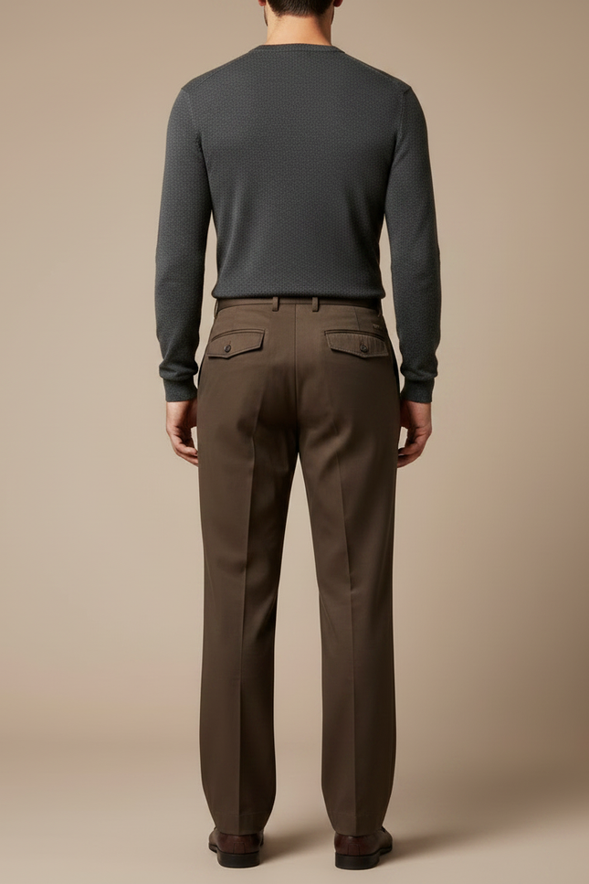 Pantalon Marron Plissé Coton Ample Élégant - Gabardine - vue 2