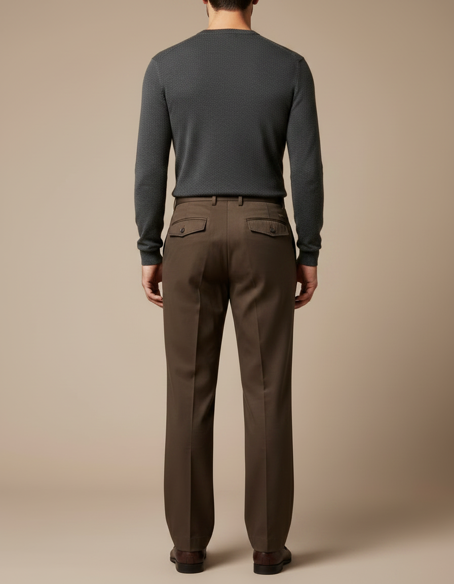 Pantalon Marron Plissé Coton Ample Élégant - Gabardine - vue 2
