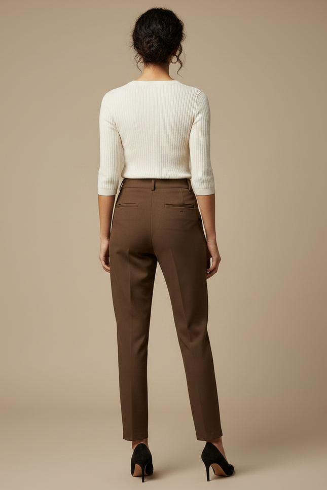 Pantalon Marron Taille Haute Élégant Décontracté Femme - Gabardine - vue 2