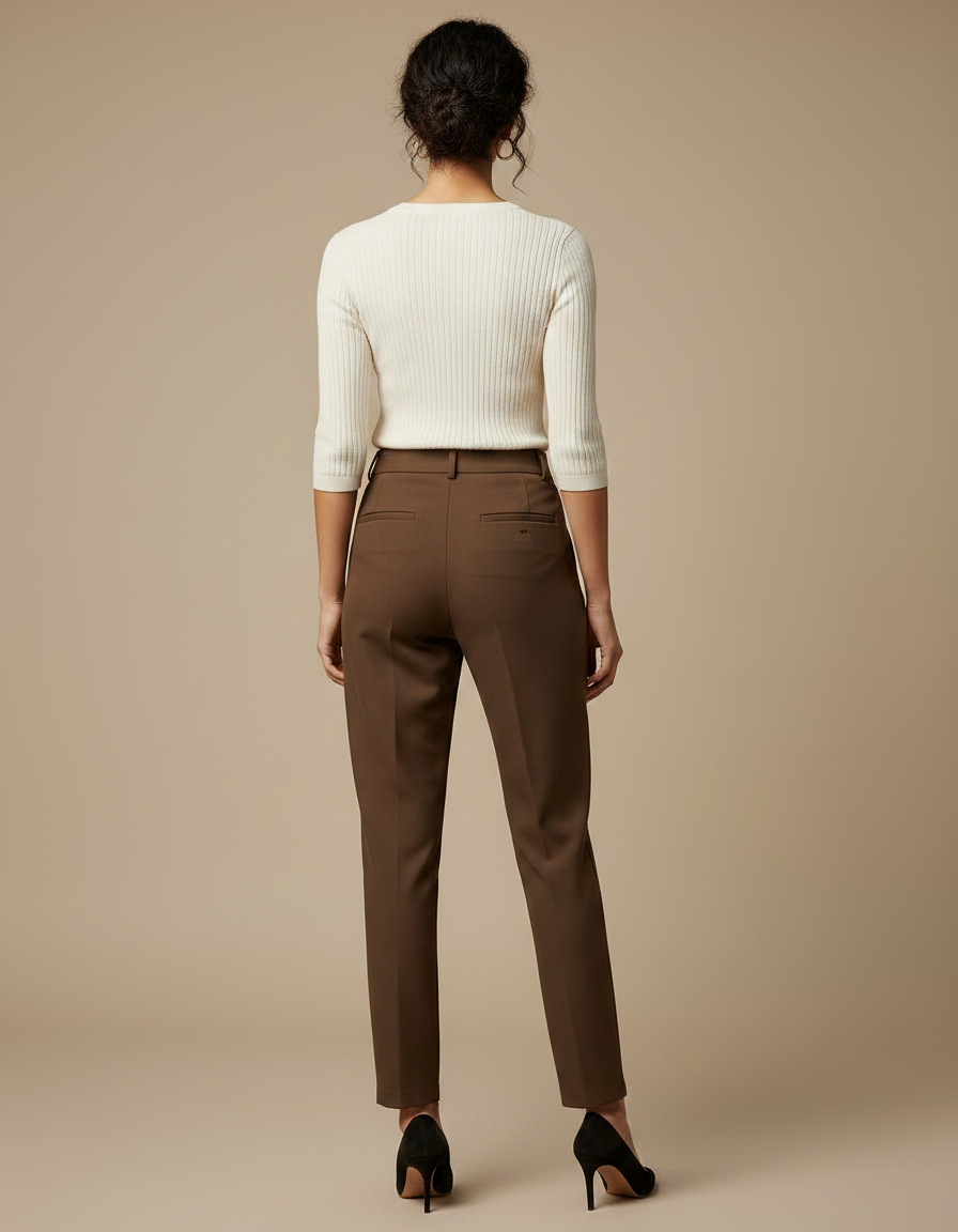 Pantalon Marron Taille Haute Élégant Décontracté Femme - Gabardine - vue 2