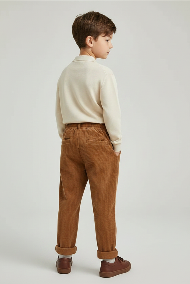 Pantalon Marron Côtelé Ample Décontracté Enfant Élastique - Cordé - vue 2