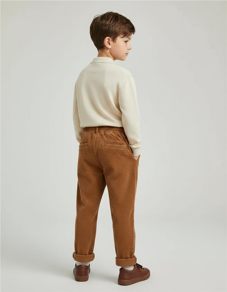Pantalon Marron Côtelé Ample Décontracté Enfant Élastique - Cordé - vue 2