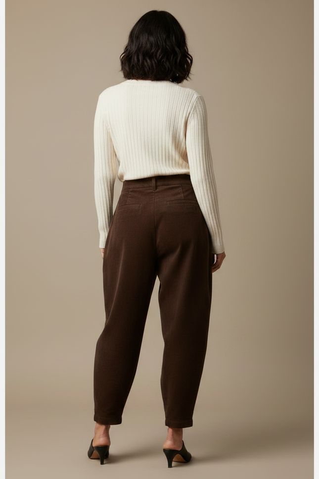 Pantalon Marron Côtelé Ample Plissé Décontracté Femme - Cordé - vue 2