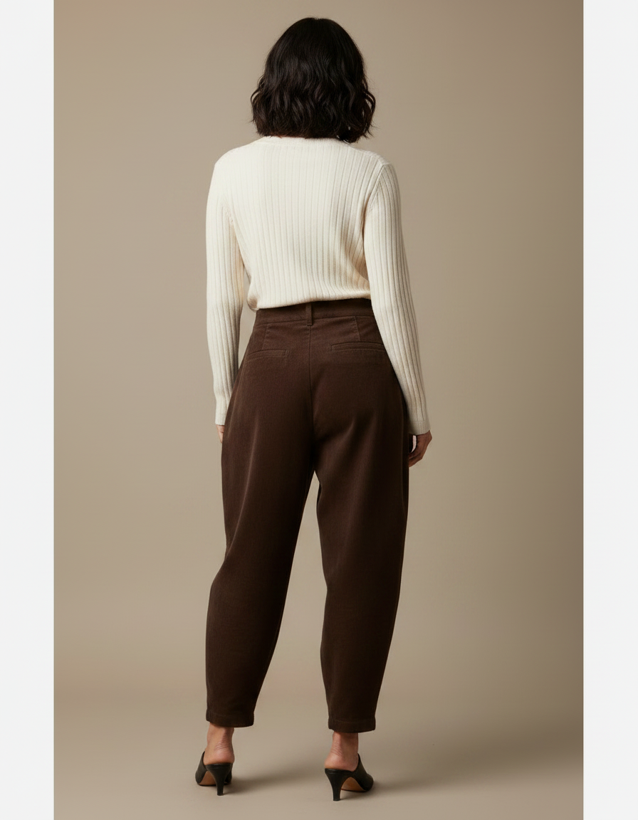 Pantalon Marron Côtelé Ample Plissé Décontracté Femme - Cordé - vue 2