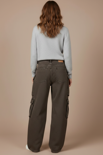 Pantalon Marron Cargo Vintage Délavé Ample Multi-Poches - Kaki Jean - vue 2