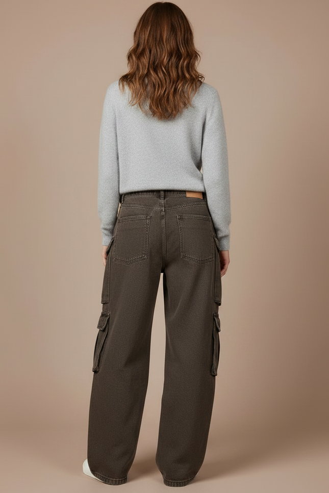 Pantalon Marron Cargo Vintage Délavé Ample Multi-Poches - Kaki Jean - vue 2
