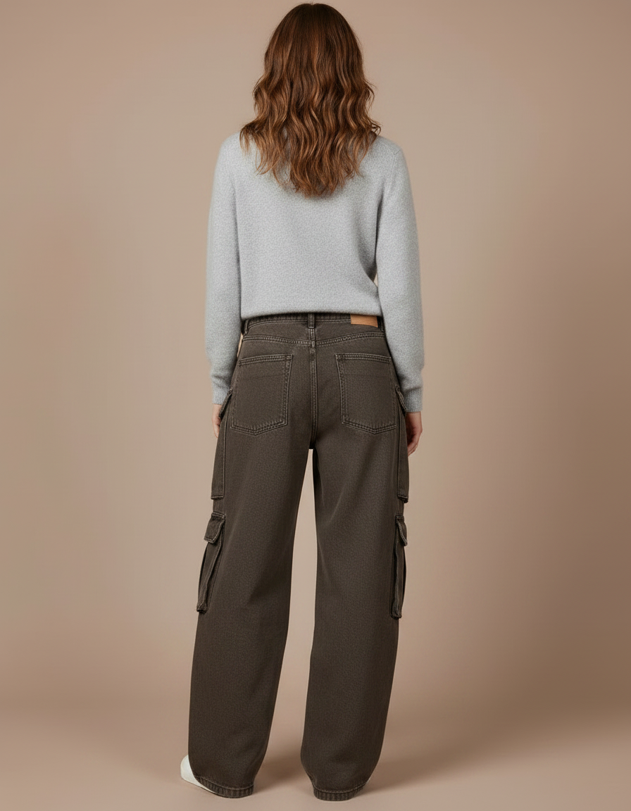 Pantalon Marron Cargo Vintage Délavé Ample Multi-Poches - Kaki Jean - vue 2