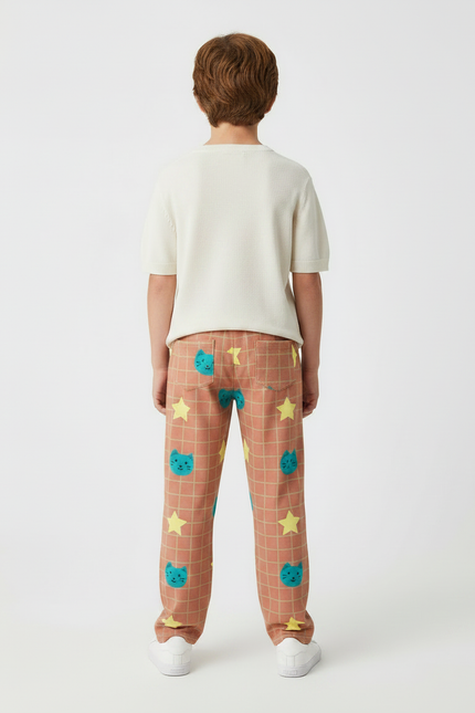 Pantalon Marron À Carreaux Chats Étoiles Ample Enfant - Molleton - vue 2