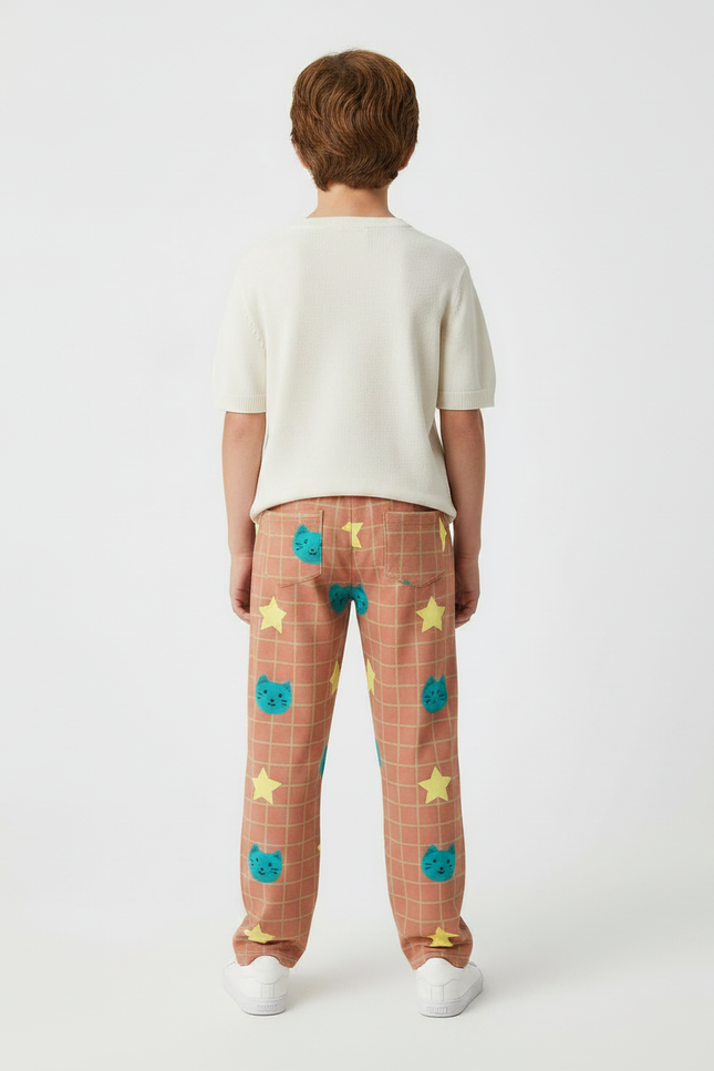 Pantalon Marron À Carreaux Chats Étoiles Ample Enfant - Molleton - vue 2