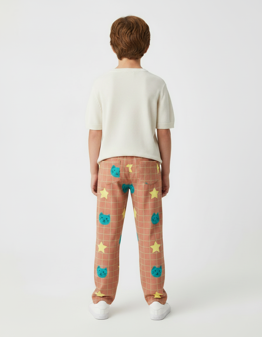 Pantalon Marron À Carreaux Chats Étoiles Ample Enfant - Molleton - vue 2