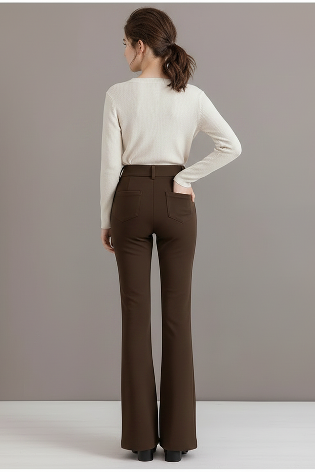 Pantalon Marron Évasé Taille Haute Élégant - Polyester - vue 2