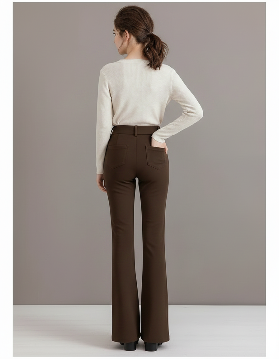 Pantalon Marron Évasé Taille Haute Élégant - Polyester - vue 2