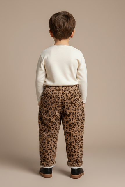 Pantalon Marron Léopard Côtelé Épais Doublé Polaire Enfant - Cordé - vue 2
