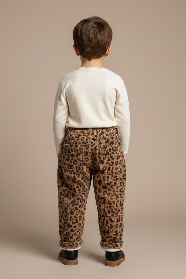 Pantalon Marron Léopard Côtelé Épais Doublé Polaire Enfant - Cordé - vue 2
