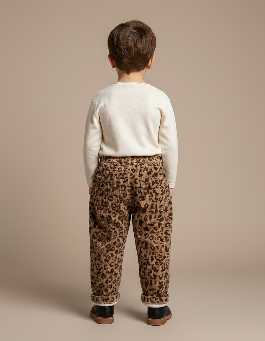 Pantalon Marron Léopard Côtelé Épais Doublé Polaire Enfant - Cordé - vue 2
