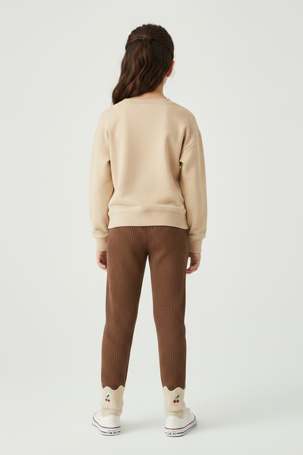 Pantalon Marron Côtelé Extensible Broderie Cerise Fille - Maille - vue 2