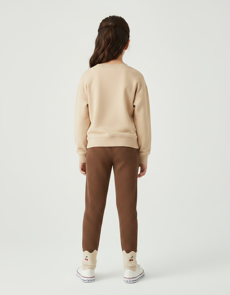 Pantalon Marron Côtelé Extensible Broderie Cerise Fille - Maille - vue 2