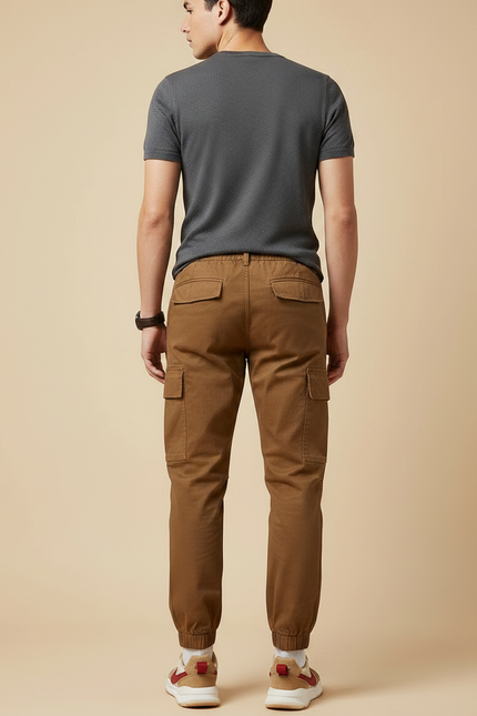 Pantalon Marron Cargo Jogger Coton Multipoches Homme - vue 2