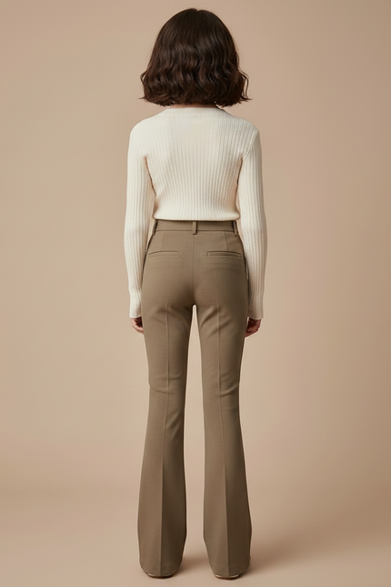 Pantalon Marron Évasé Taille Haute Élégant Fluide Femme - Gabardine - vue 2