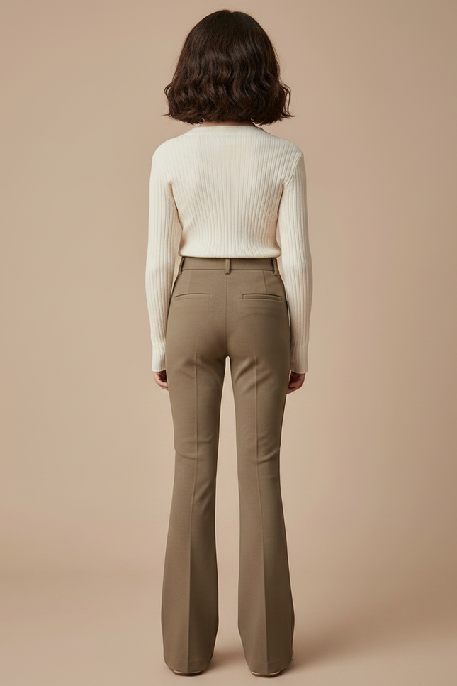 Pantalon Marron Évasé Taille Haute Élégant Fluide Femme - Gabardine - vue 2
