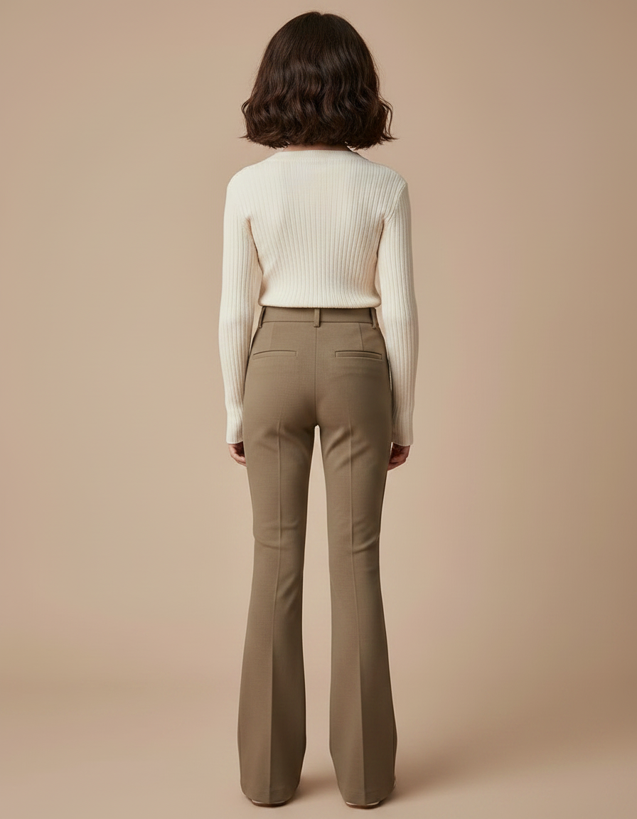 Pantalon Marron Évasé Taille Haute Élégant Fluide Femme - Gabardine - vue 2