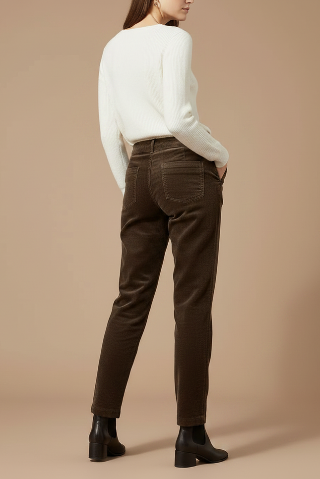 Pantalon Marron Côtelé Droit Taille Haute Décontracté Femme - Cordé - vue 2