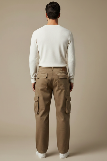 Pantalon Marron Cargo Ample Coton Multipoches Homme - Toile - vue 2