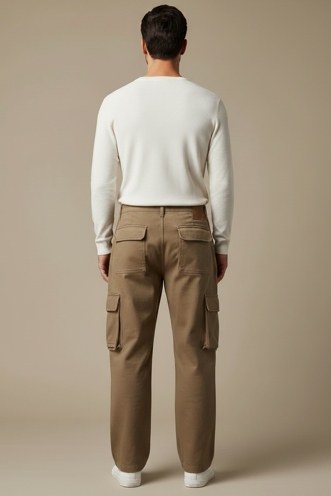 Pantalon Marron Cargo Ample Coton Multipoches Homme - Toile - vue 2