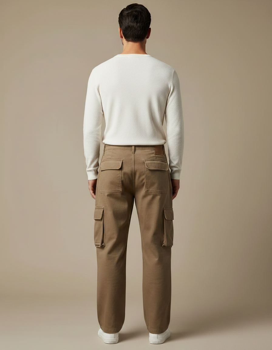Pantalon Marron Cargo Ample Coton Multipoches Homme - Toile - vue 2