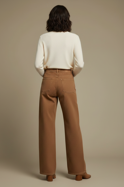 Pantalon Marron Denim Taille Haute Jambe Large - Jean - vue 2