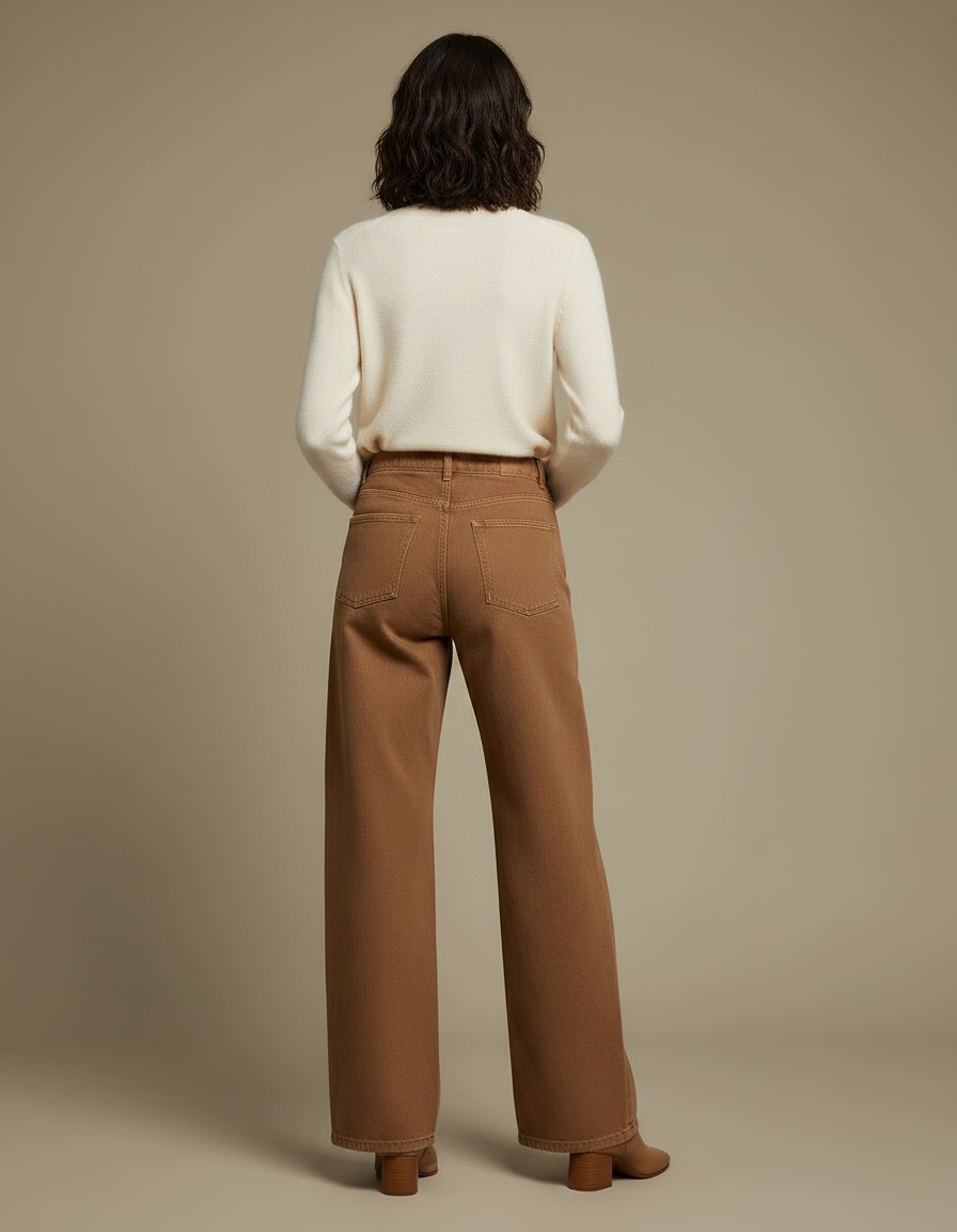 Pantalon Marron Denim Taille Haute Jambe Large - Jean - vue 2
