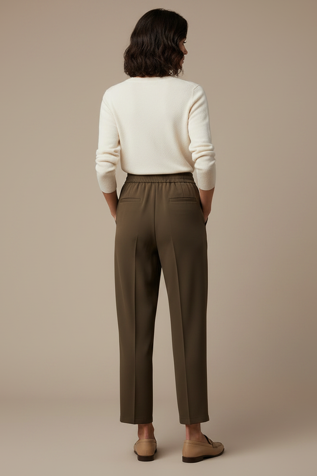 Pantalon Marron Ample Taille Haute Plissé Élastiqué - Kaki Polyester - vue 2