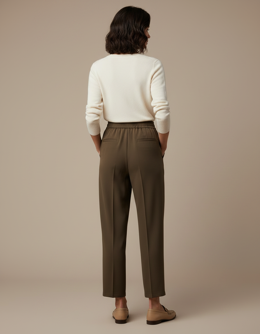 Pantalon Marron Ample Taille Haute Plissé Élastiqué - Kaki Polyester - vue 2