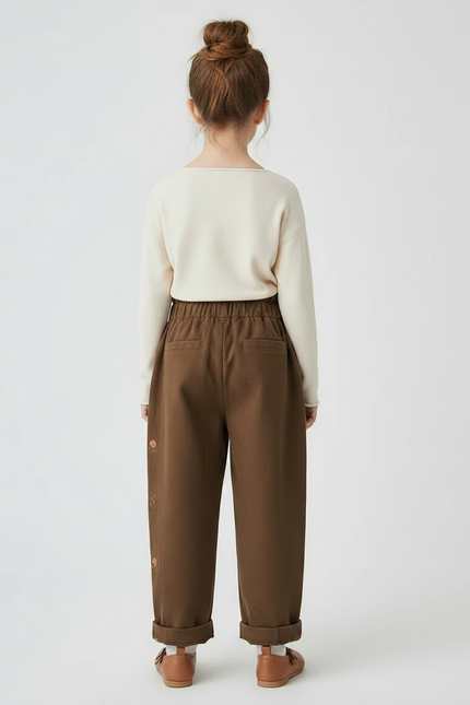 Pantalon Marron Brodé, Coton, Ample, Taille Élastique, Fille - Molleton - vue 2