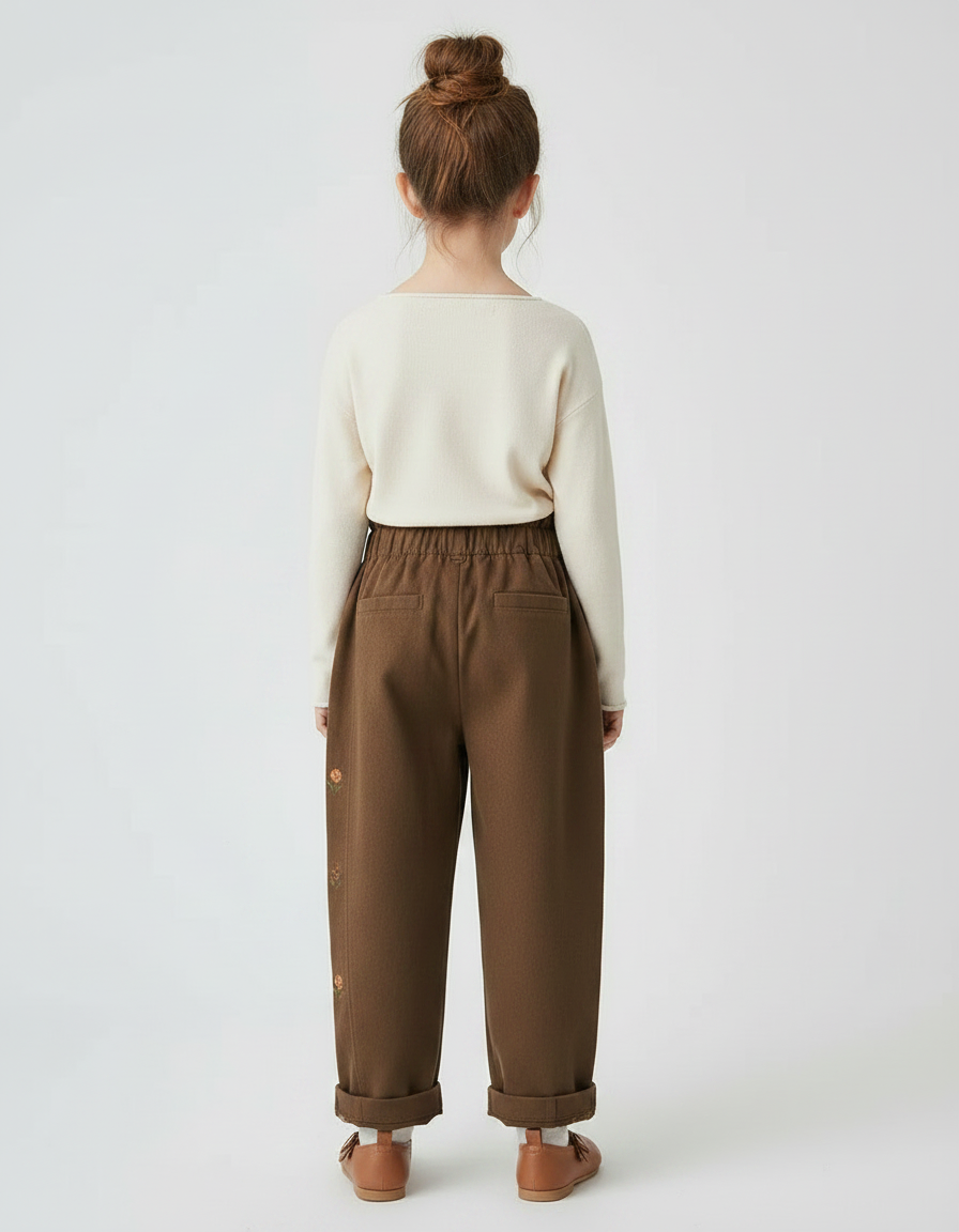 Pantalon Marron Brodé, Coton, Ample, Taille Élastique, Fille - Molleton - vue 2