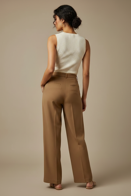 Pantalon Marron Droit Taille Haute Fluide Élégant - Polyester - vue 2