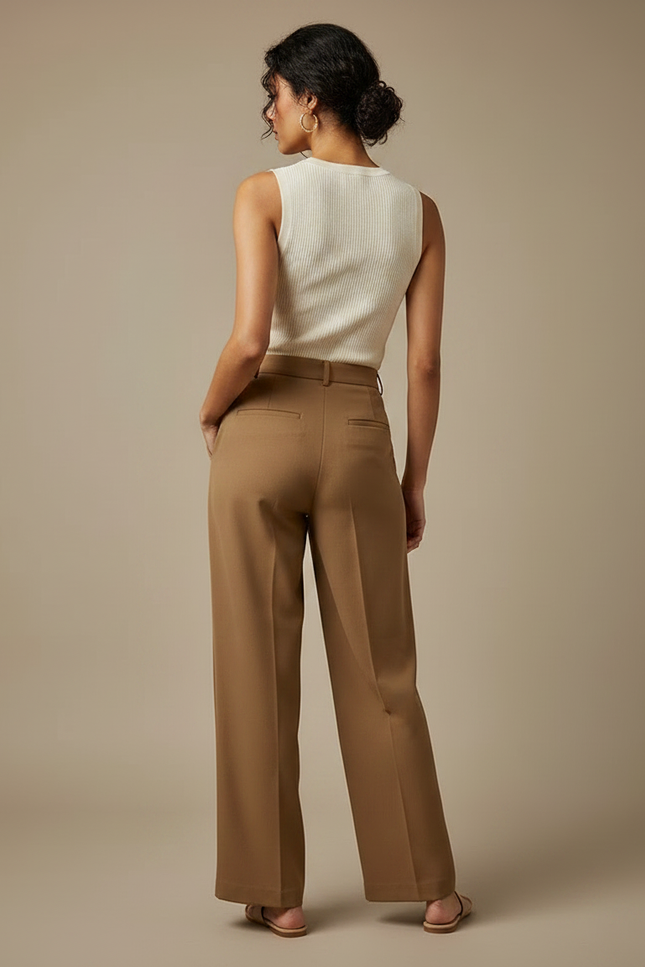 Pantalon Marron Droit Taille Haute Fluide Élégant - Polyester - vue 2