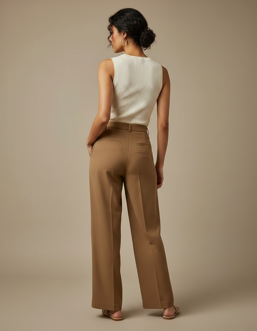 Pantalon Marron Droit Taille Haute Fluide Élégant - Polyester - vue 2