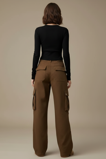 Pantalon Marron Cargo Ample Coton Multipoches Décontracté Femme - vue 2