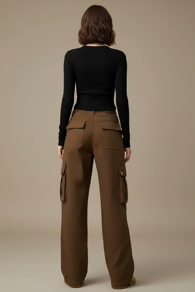 Pantalon Marron Cargo Ample Coton Multipoches Décontracté Femme - vue 2